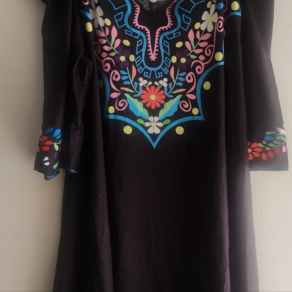 SHEIN Black Long Sleeve Shift Dress with Multicolor Floral Embroidery